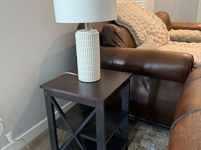 3 Dark Wood End Tables + lamp