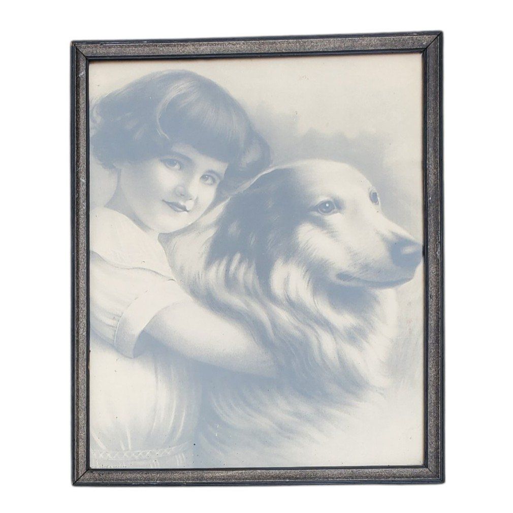 Antique Framed Print of A Girl and Her Dog