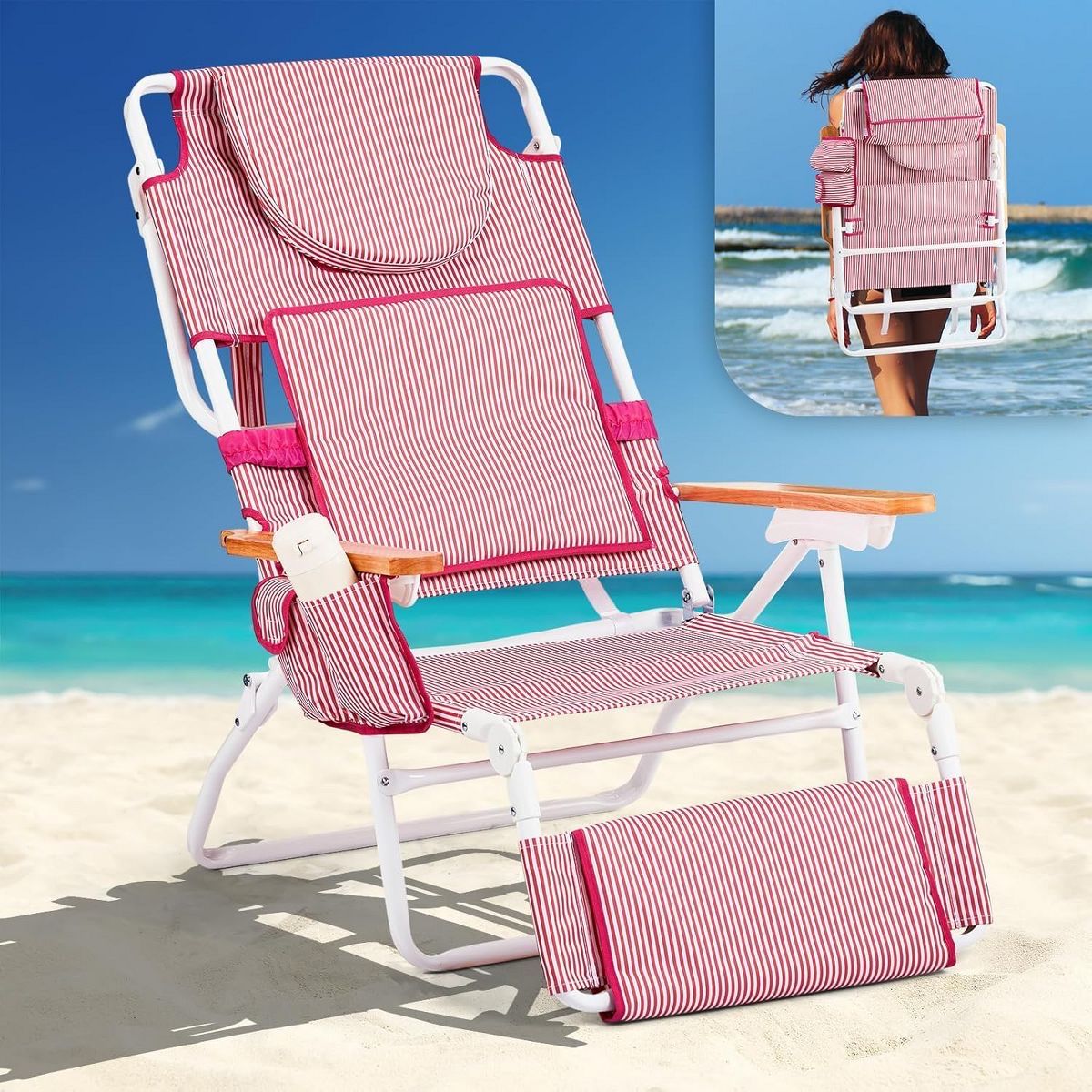 VINGLI Deluxe 3-in-1 Beach Chair / Tanning Lounge Chair (Pink)
