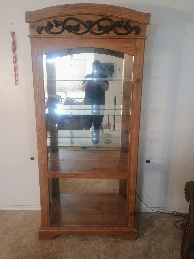 Wooden Display Cabinet with Glass Shelves and Mirrored Back