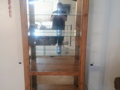 Wooden Display Cabinet with Glass Shelves and Mirrored Back