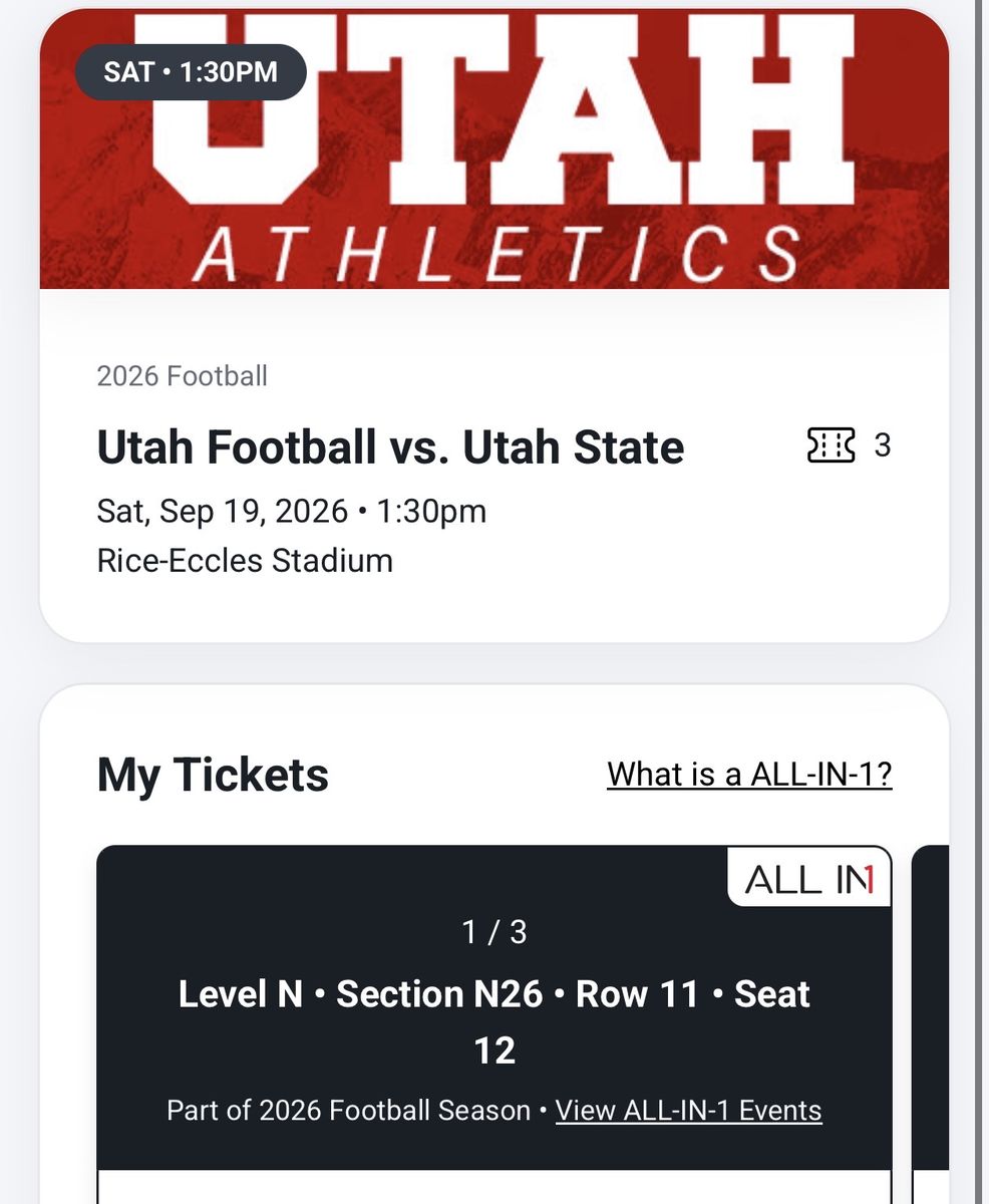 3 Utah Football vs Utah State Tickets - Sat Sep 19 2026 - Section N26