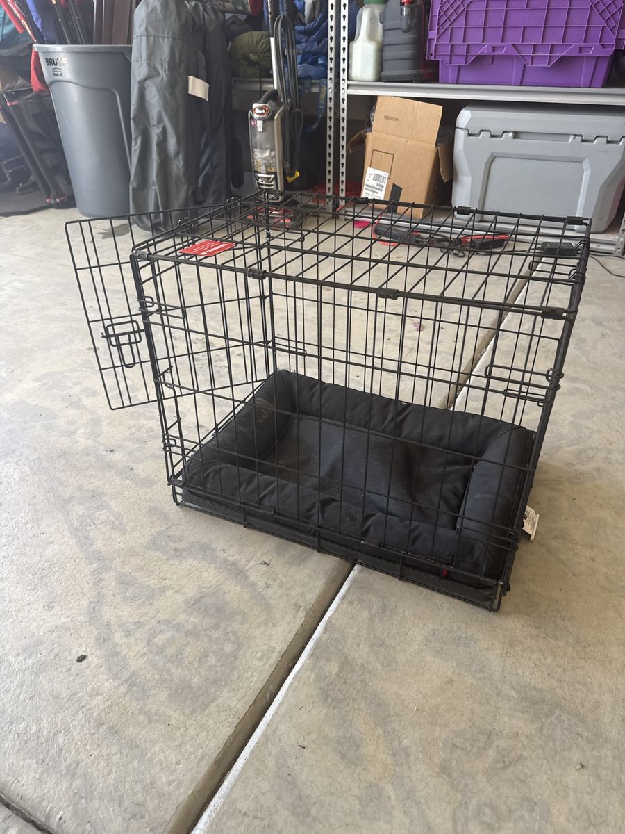 Black Metal Wire Dog Crate with Matching Black Cushion Bed.  24” D × 17” W × 19” H