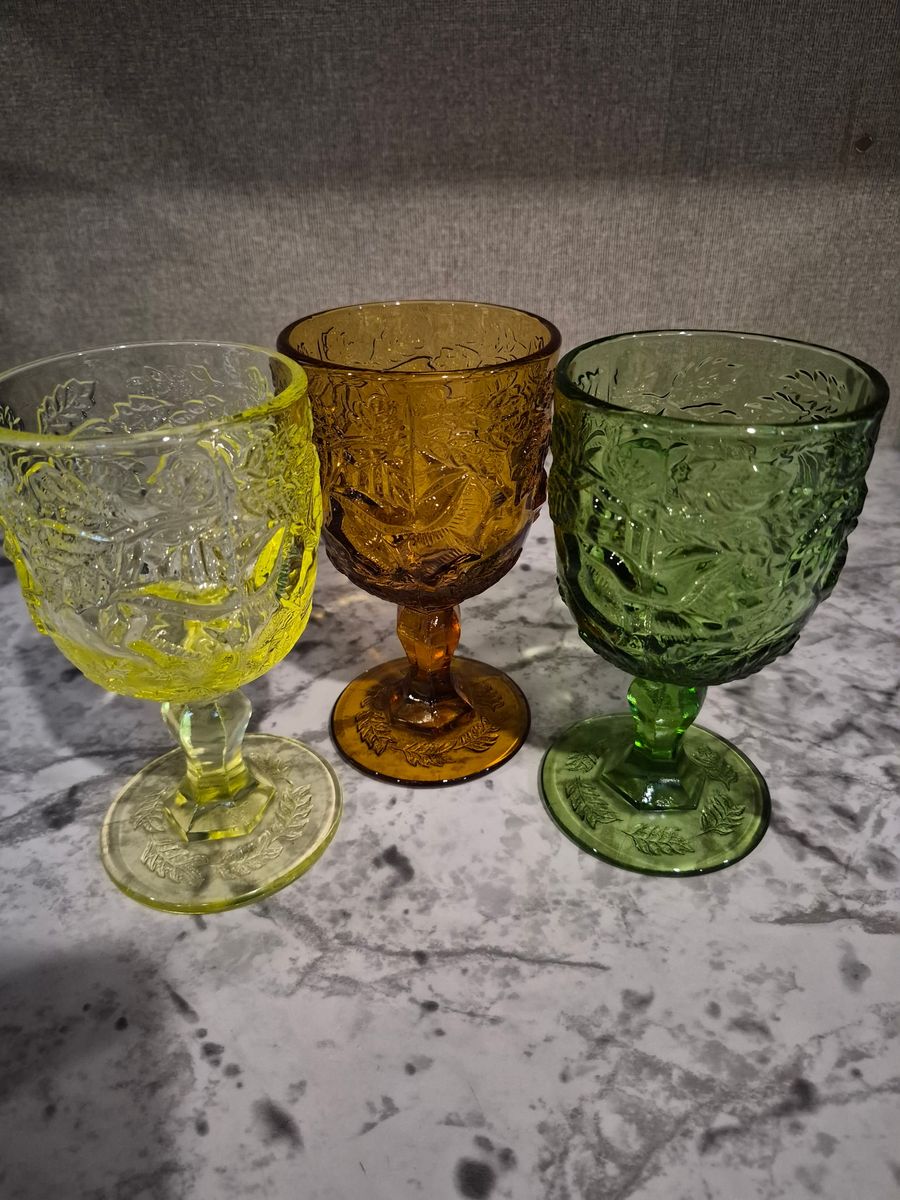 ​3x Vtg Madonna Inn Holly Goblets LG Wright Fenton 2x Uranium Glass Glow Amber