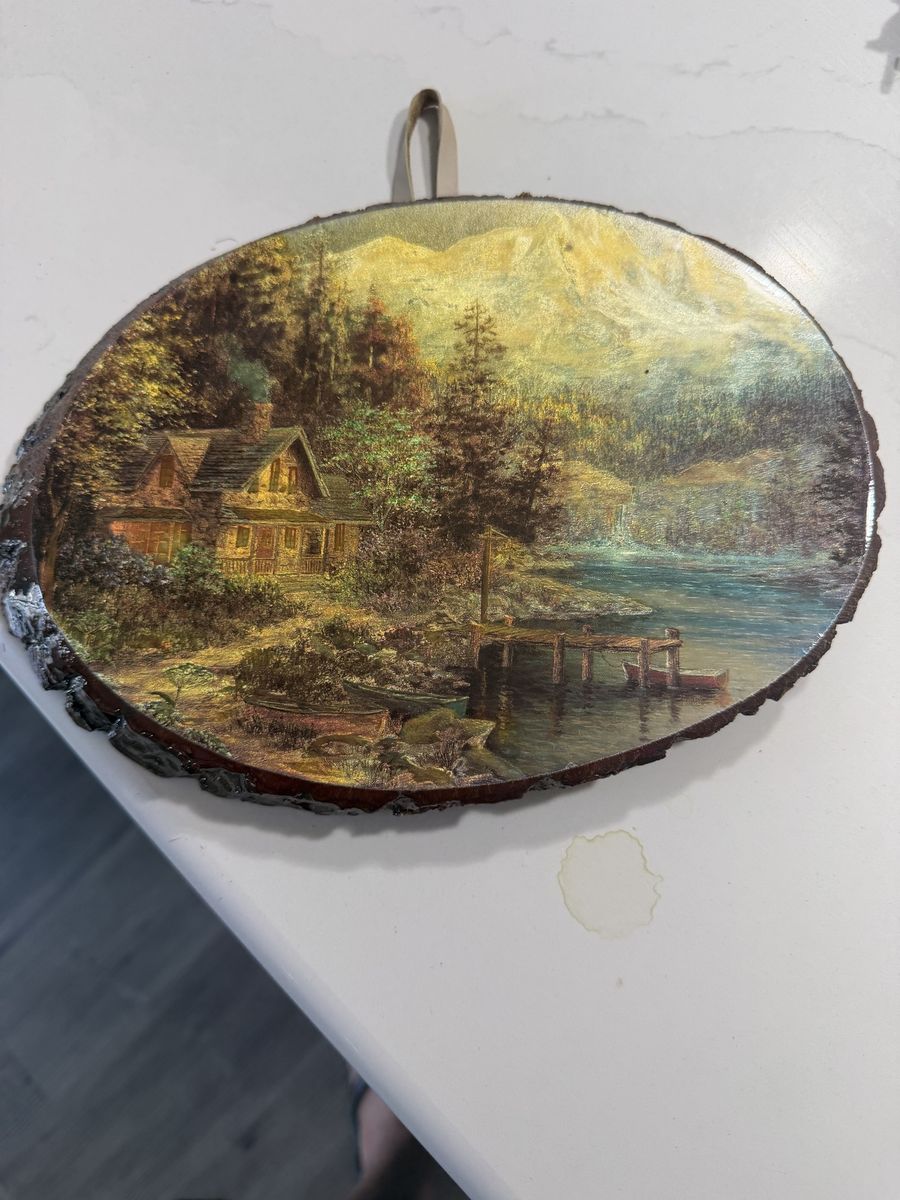 Rustic Cabin Lake Mountain Landscape Wall Art Decor on Wood Slice