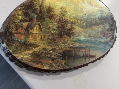Rustic Cabin Lake Mountain Landscape Wall Art Decor on Wood Slice