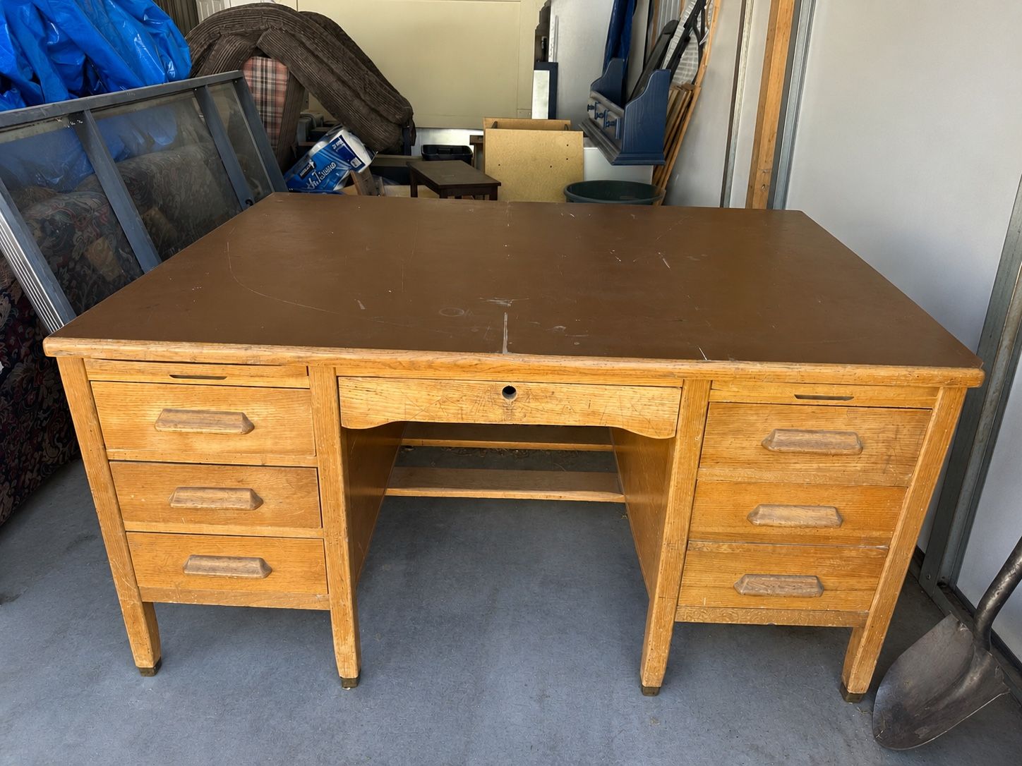 Vintage Mid Century Solid Oak Wood Partner Desk – 4'x5