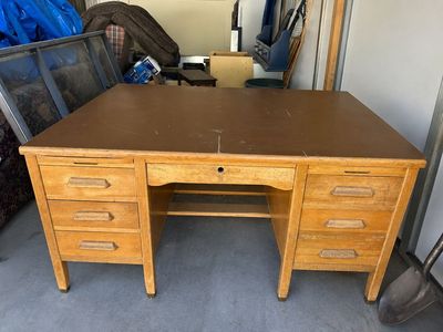 Vintage Mid Century Solid Oak Wood Partner Desk – 4'x5
