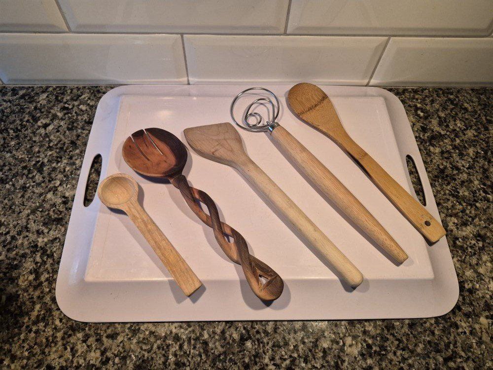 Assorted Wooden Kitchen Utensils Set - 5 Pieces including Dough Whisk and Serving Spoons