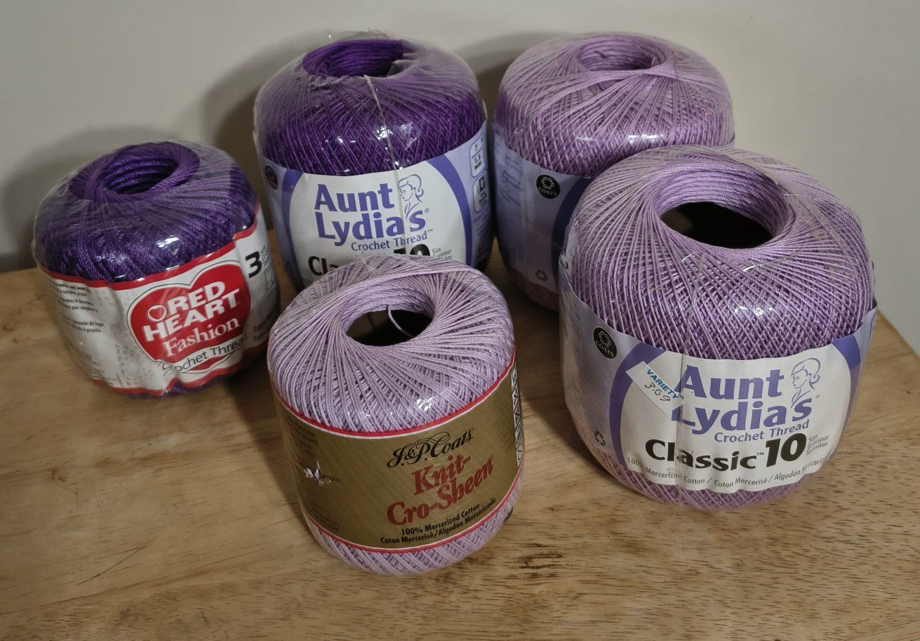 Assorted Purple Crochet Thread - Aunt Lydia's Classic 10, Red Heart Fashion, J&P Coats Knit-Cro-Sheen