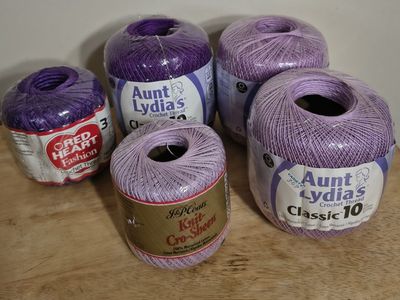 Assorted Purple Crochet Thread - Aunt Lydia's Classic 10, Red Heart Fashion, J&P Coats Knit-Cro-Sheen