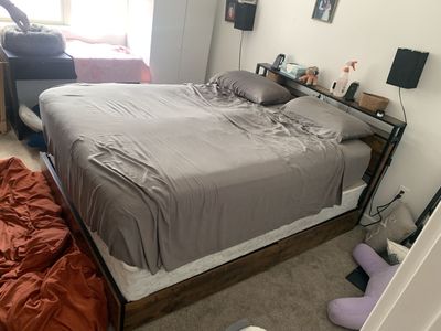 Industrial Style Queen Platform Bed Frame with Storage Drawers & Headboard