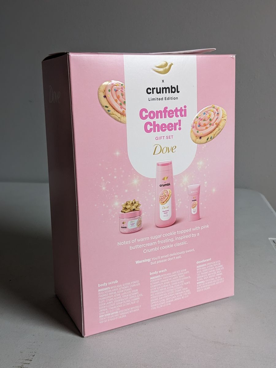 Crumbl Cookie Confetti Cheer! Dove Body Scrub, Body Wash, Deodorant 3 piece Gift Set
