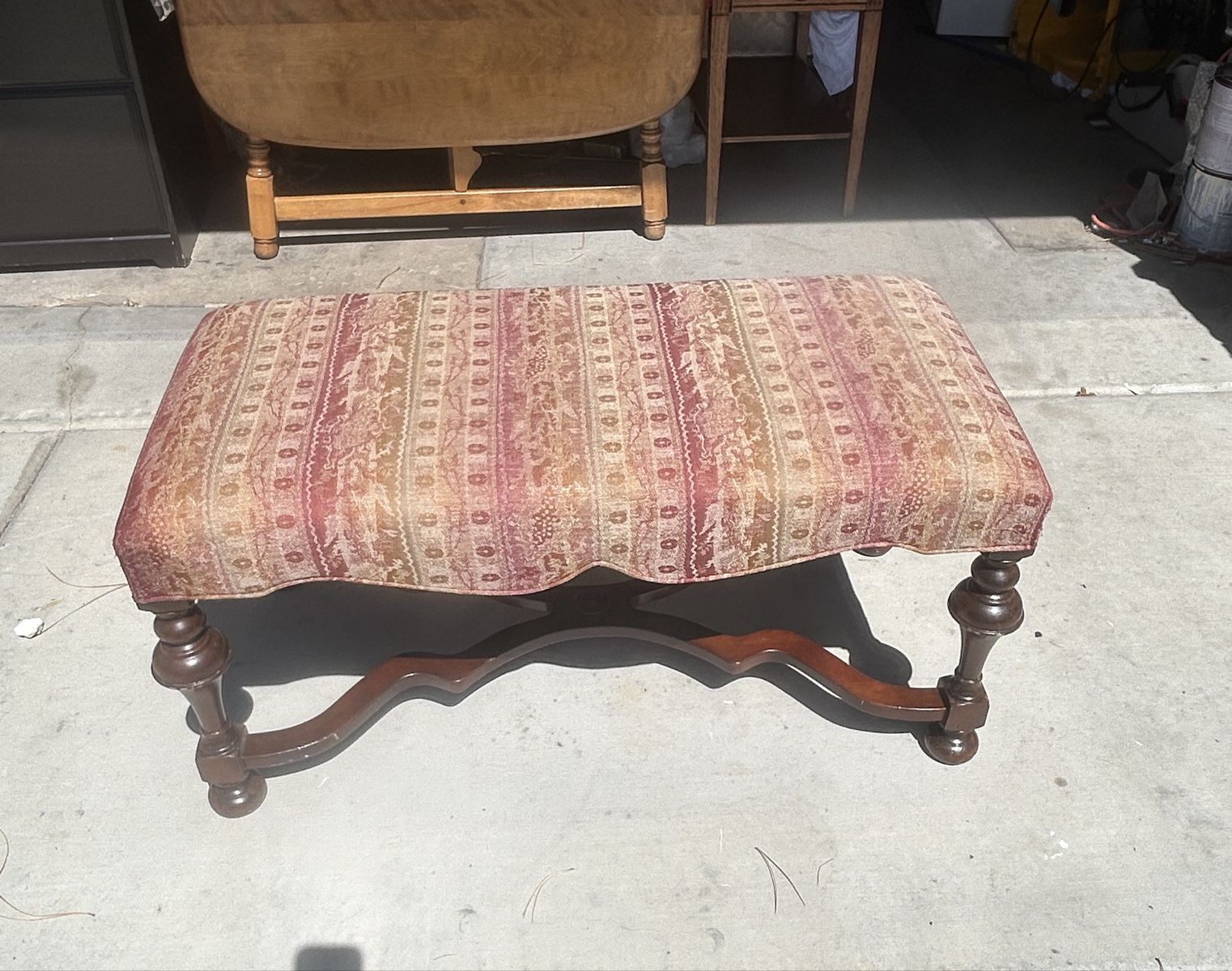 Vintage Upholstered Ottoman Bench with Carved Wood Legs