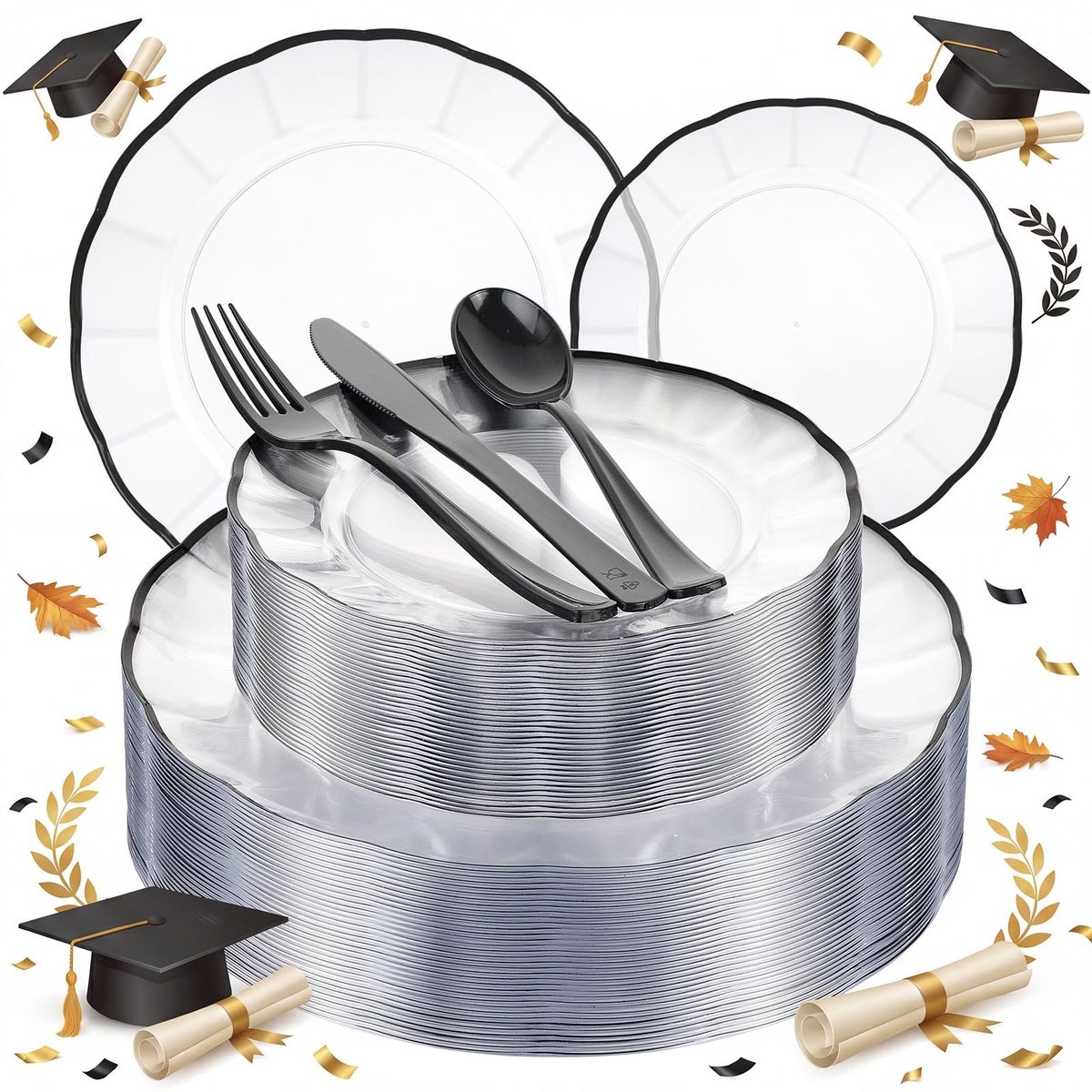 EI 150pcs Clear and Black Plastic Plates Dinnerware Disposable Party Set for 30 Guests Include 60 Clear Plates Disposable