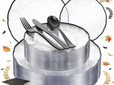 EI 150pcs Clear and Black Plastic Plates Dinnerware Disposable Party Set for 30 Guests Include 60 Clear Plates Disposable