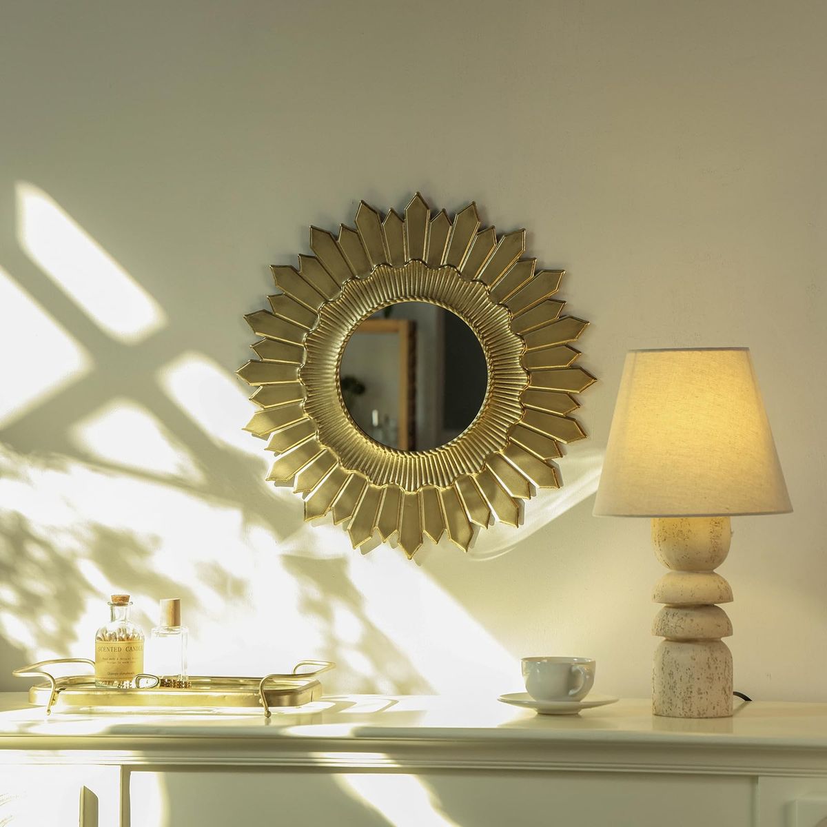 NIKKY HOME Vintage Sunburst Round Wall Mirror, 17.8 Inch Metal Framed Decorative Large Mirror for Bathroom, Living Room, Office,