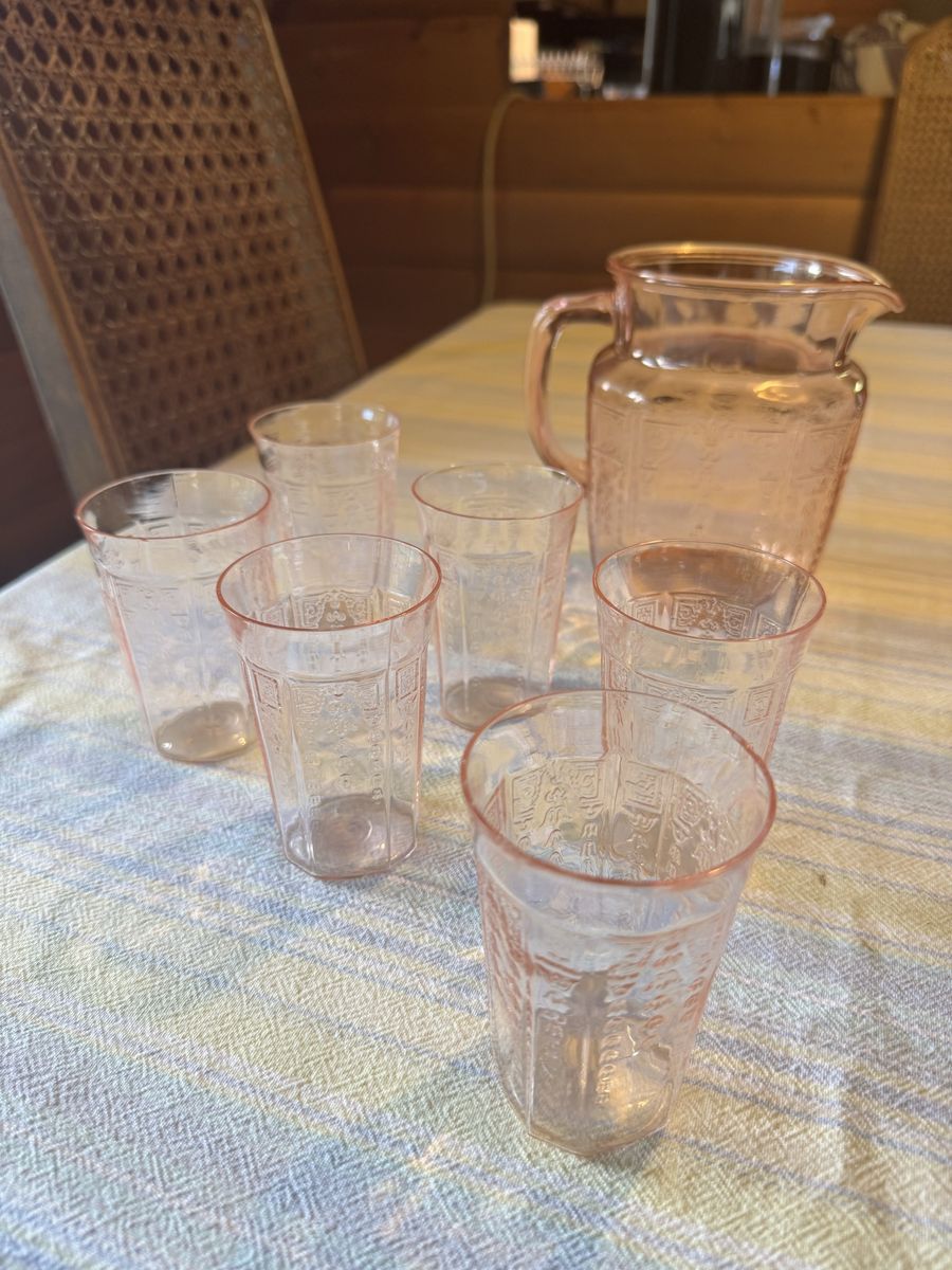 Vintage Glass Pitcher & Cups Set - Princess Pattern, Pink