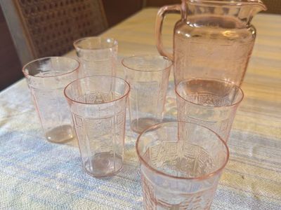 Vintage Glass Pitcher & Cups Set - Princess Pattern, Pink