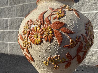 Fantastic BIG Mid Century floral table lamp w fab lampshade by Cal Art 45” tall. Fab lampshade