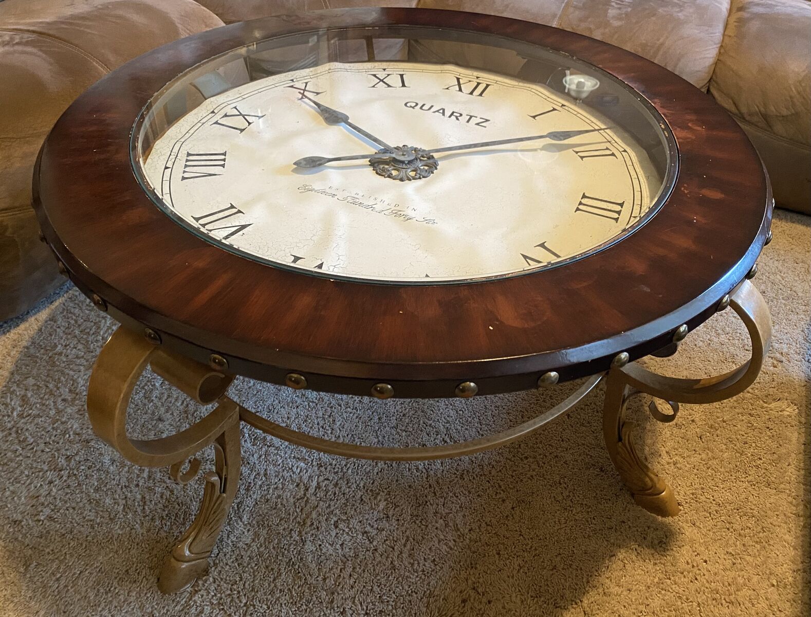 Vintage-Style Coffee Table With Decorative Clock Face (Clock Not Working)