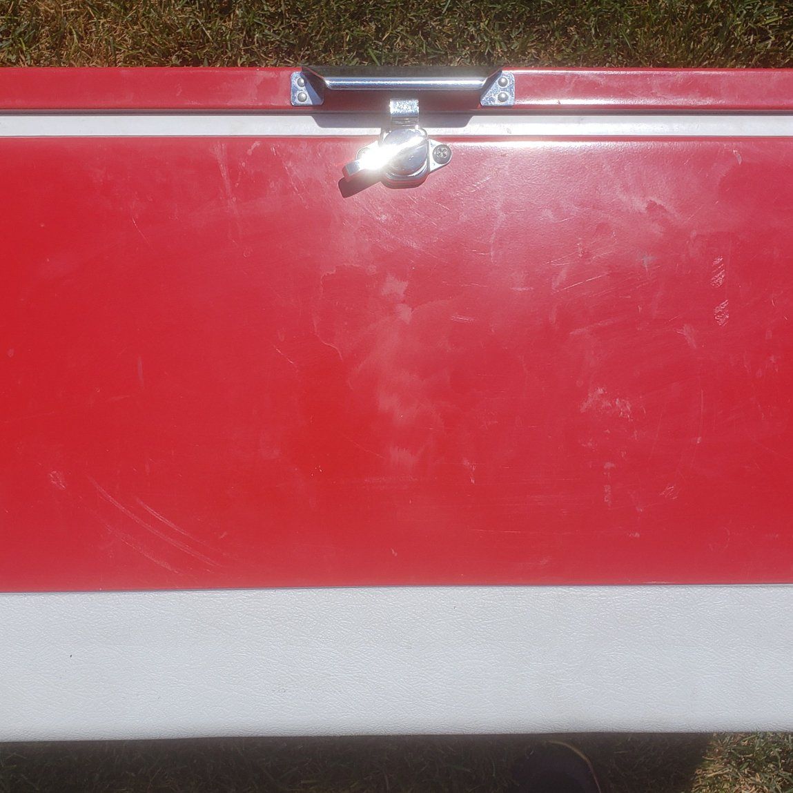 VINTAGE LARGE RED METAL COLEMAN COOLER
