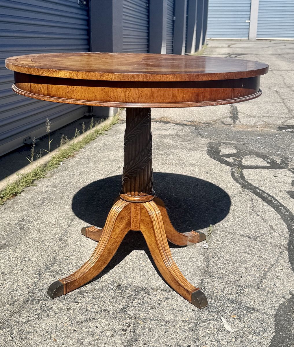 Round Pedestal Side Table - Carved Wood Base, Dark Cherry Finish - Elegant Accent Furniture