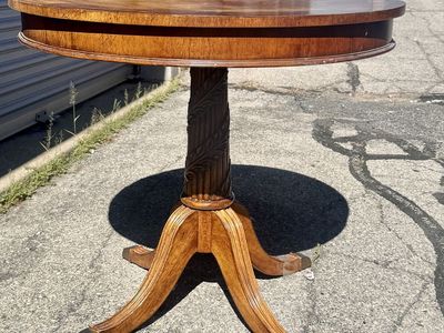 Round Pedestal Side Table - Carved Wood Base, Dark Cherry Finish - Elegant Accent Furniture