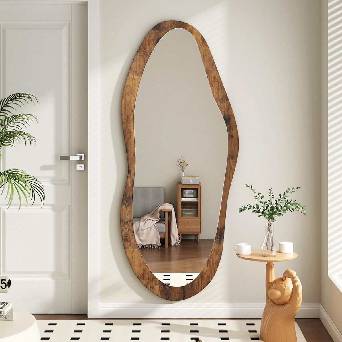 New Large Mirror with Wood Framed 47"x20" Vintage Irregular Wall Mirror Full Length Asymmetrical