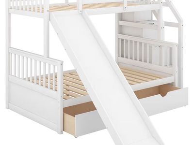 Harper & Bright Designs Green Twin Over Full Bunk Bed with Slide, Storage Stairs & Drawers