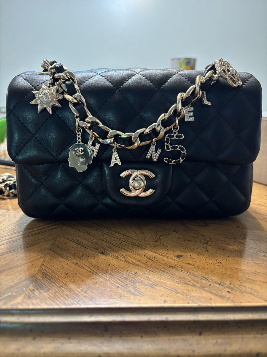 Chanel Black Quilted Leather Flap Bag with Charm Embellished Chain Strap - Small