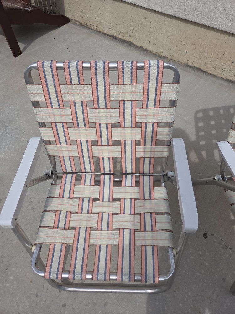 Vintage Webbed Folding Lawn Chairs - Set of 2 Aluminum Beach/Patio Chairs