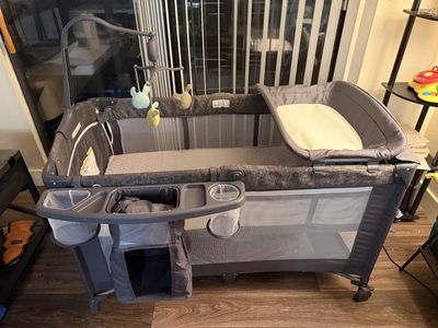 Portable 3-in-1 Bassinet & Playpen with Changing Station & Mobile, Gray/White