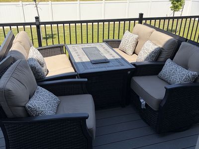 Outdoor Patio Furniture Set w/ Fire Pit Table, Wicker/Rattan, Tan Cushions, 5-Piece Seating Group