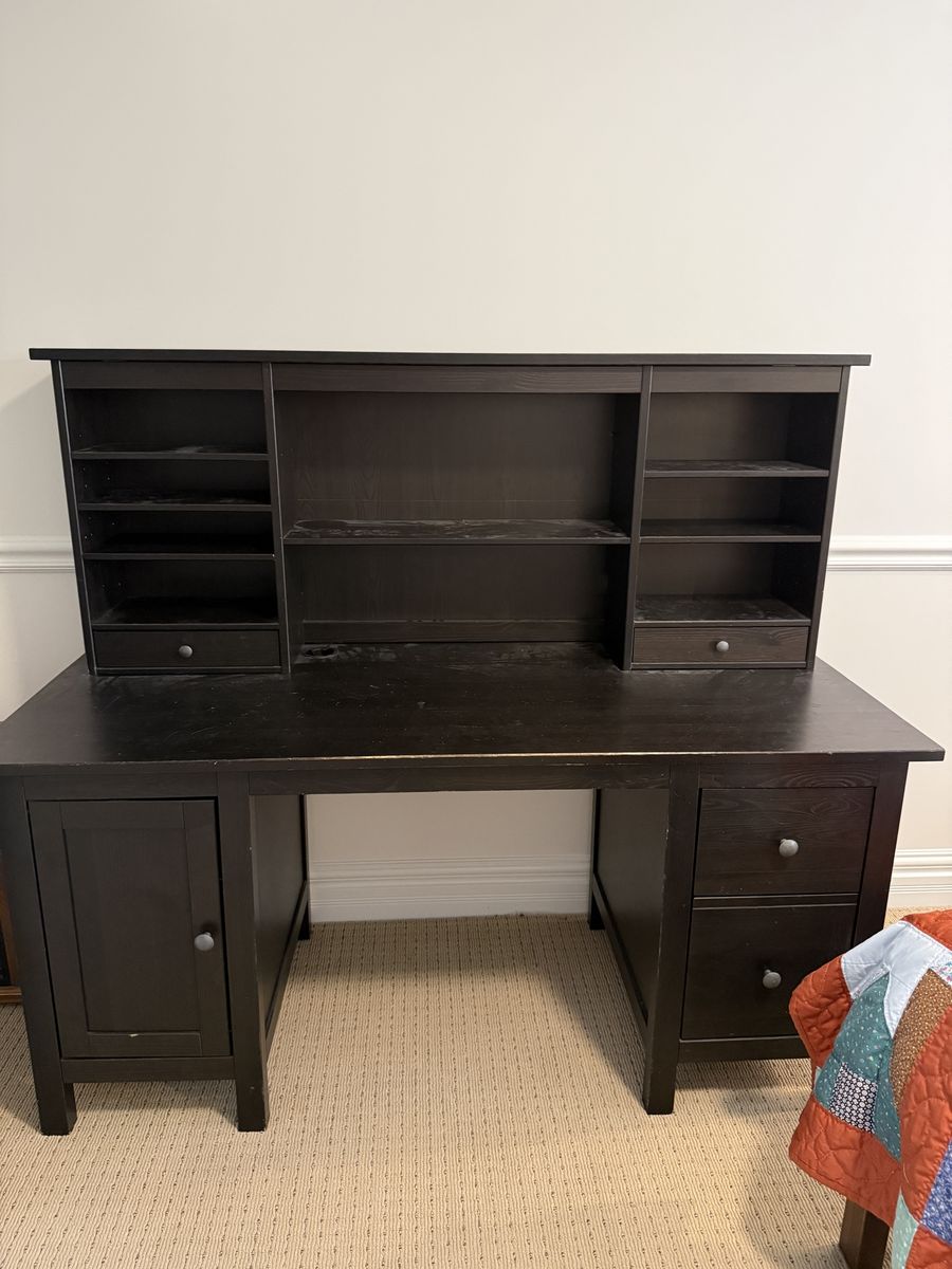 IKEA Hemnes Black Wooden Desk with Hutch and Storage Drawers - Ideal for Home Office