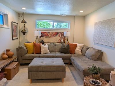 Sectional Sofa with Reversible Chaise & Storage Ottoman - Gray/Green Microfiber