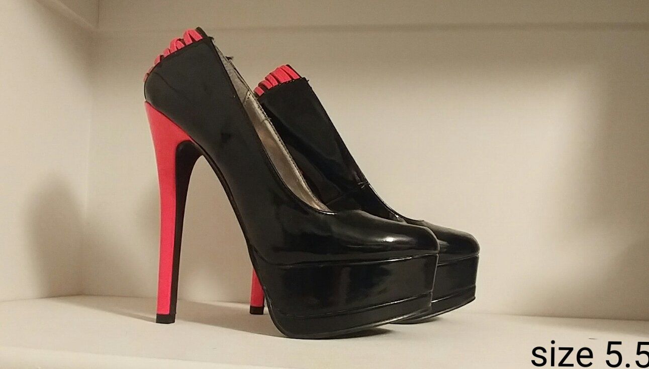 Black Patent Platform Pumps with Hot Pink Heels, Size 5.5 - High Heels