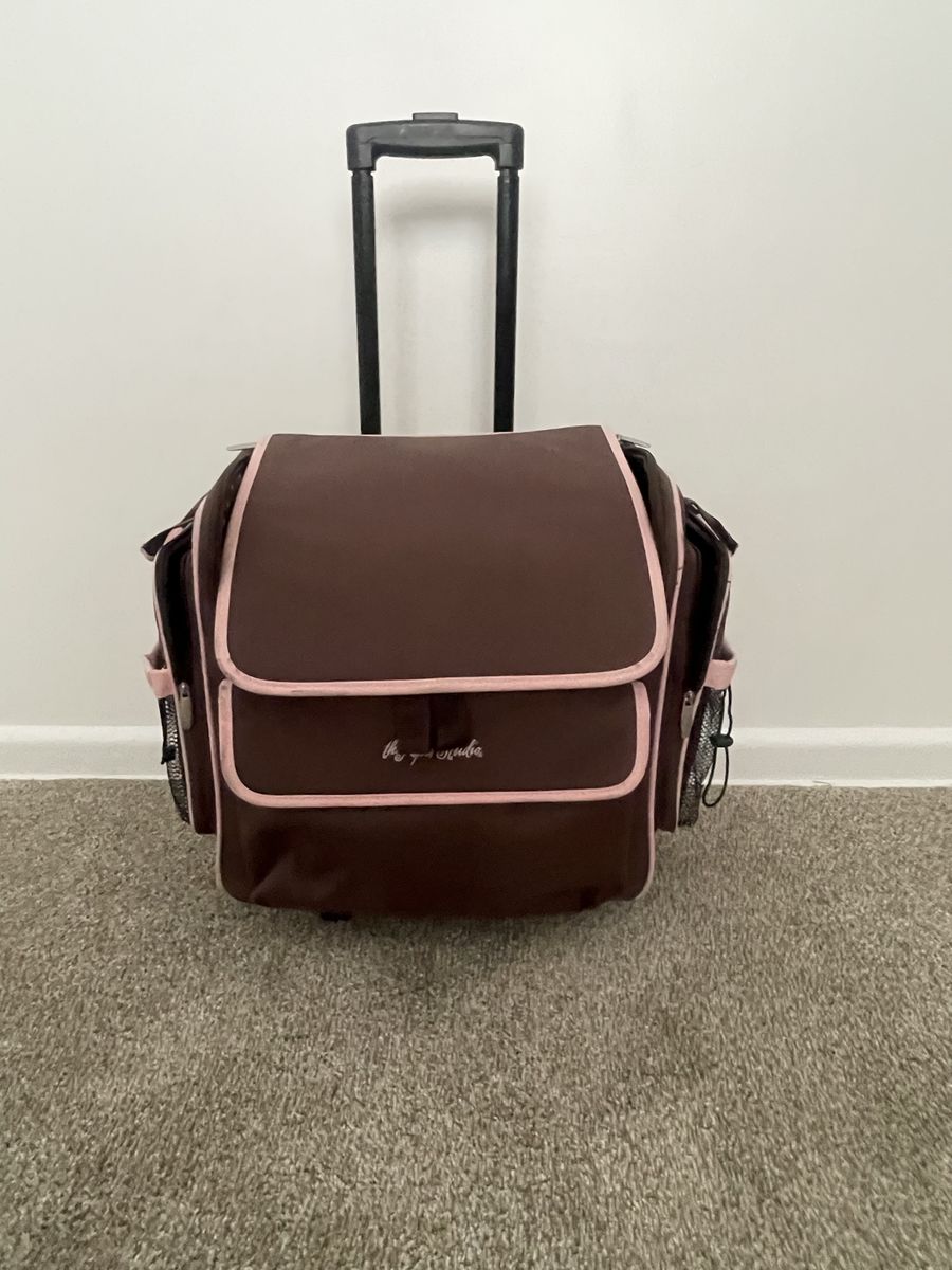 Sewing Machine case / Scrapbook Storage Tote Bag Brown/Pink Polka Do Case with 4 Wheels