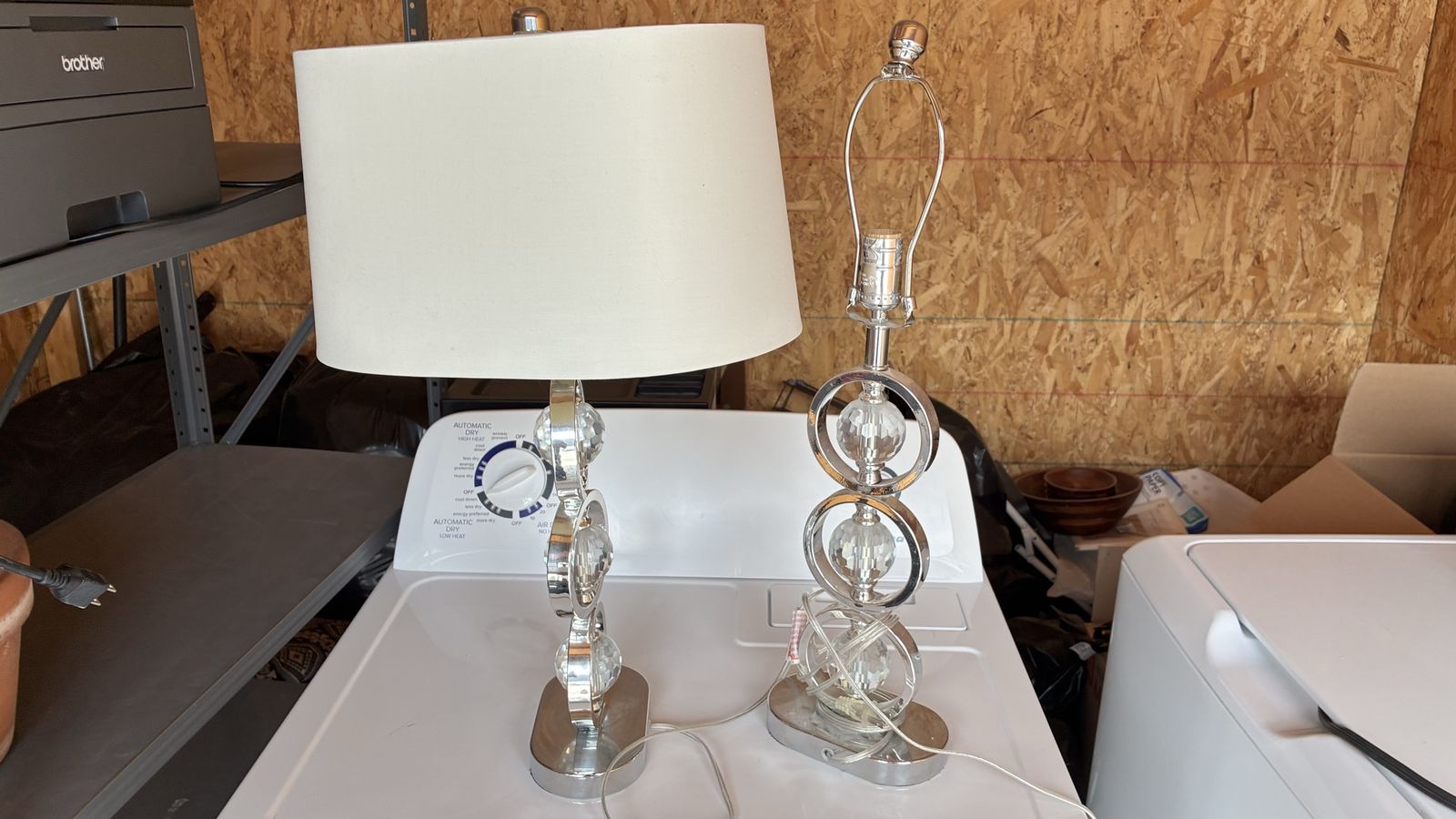 Pair of Modern Crystal & Chrome Table Lamps with White Shades - Excellent Condition