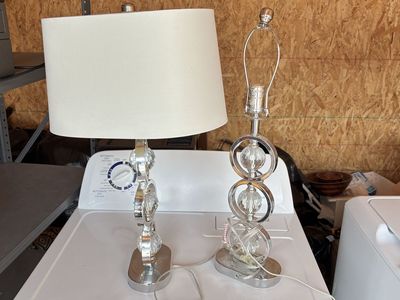 Pair of Modern Crystal & Chrome Table Lamps with White Shades - Excellent Condition