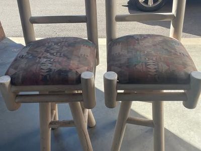 Pair of Chunky Pine Log Tall Swivel Bar Stools
