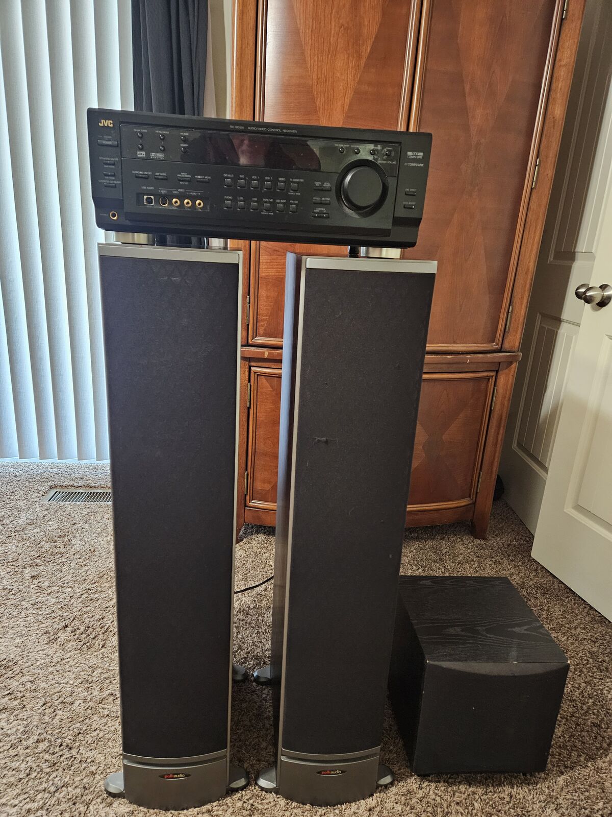 JVC TUNER AND POLK TOWER SPEAKERS WITH SUB WOOFER
