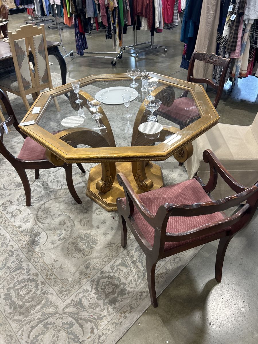 Vintage Octagonal Glass Top Pedestal Dining Table with 4 Chairs - Gold & Burgundy