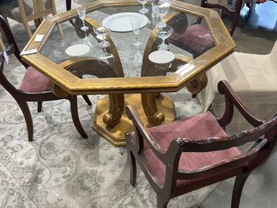 Vintage Octagonal Glass Top Pedestal Dining Table with 4 Chairs - Gold & Burgundy