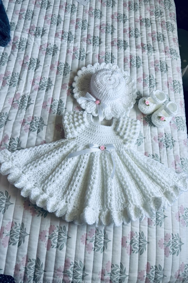 Beautiful white crochet baby dress set