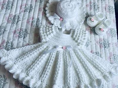 Beautiful white crochet baby dress set