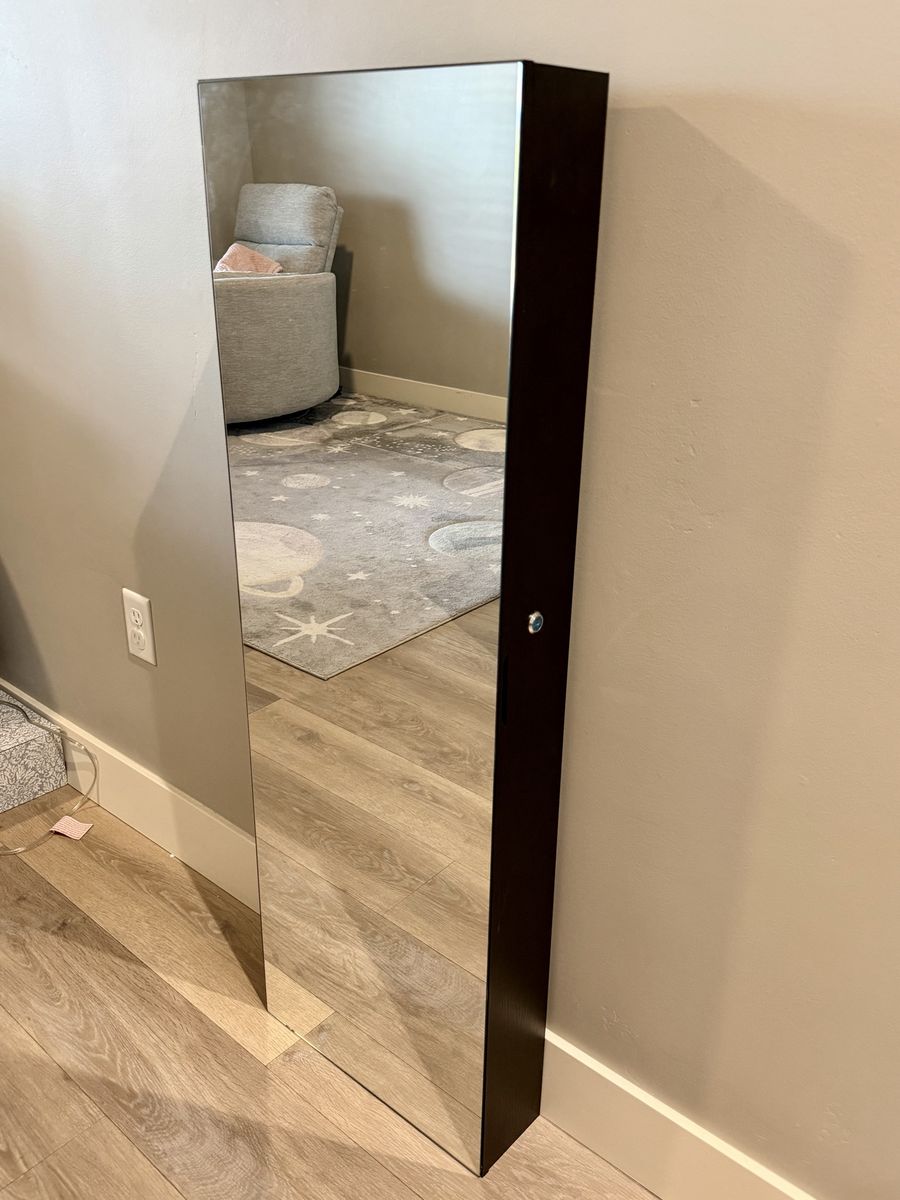Full-Length Wood Mirror Jewelry Cabinet with Lock
