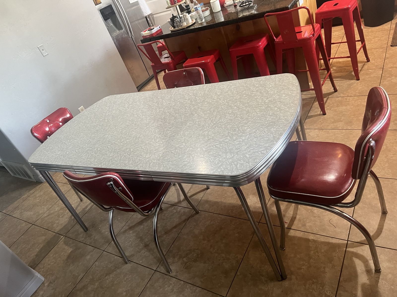 Vintage Retro Diner Style Table with 4 Red Vinyl Chairs