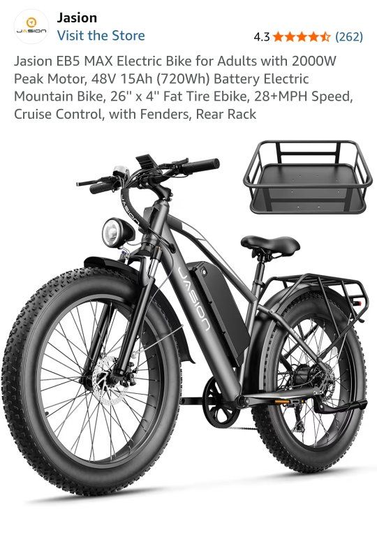 Jasion EB5 MAX Electric Mountain Bike - 2000W, 48V 15Ah (720Wh), 26" Fat Tire, 28+ MPH