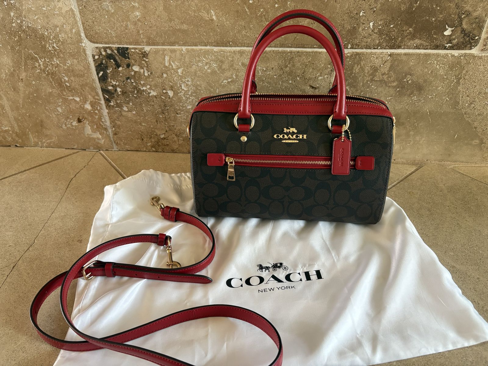 Coach Rowan Satchel Bag Signature Canvas w/ Red